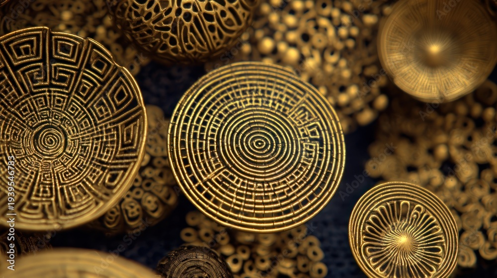 Fototapeta premium Intricate golden circular decorations with geometric patterns on a dark background