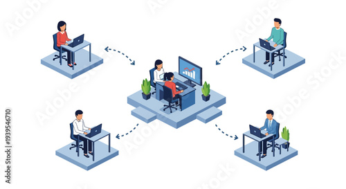 Remote Team Collaboration & Data Exchange Network Isometric Illustration. Distributed Workforce Connecting to Centralized Data Analysis & Business Strategy.