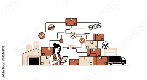 Woman manages logistics network with boxes truck and checklist symbolizing supply chain efficiency and organization