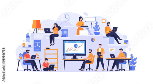 Modern Teamwork & Collaboration Illustration: Professionals Working on Laptops, Analyzing Data & Boosting Business Productivity in a Dynamic Office Space