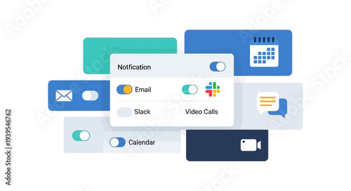 Digital Notifications & App Settings Management UI Concept with Email, Chat, Calendar, and Video Call Toggles