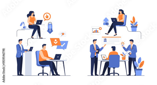 Business Team Collaboration, Strategic Planning & Digital Workflow Illustration