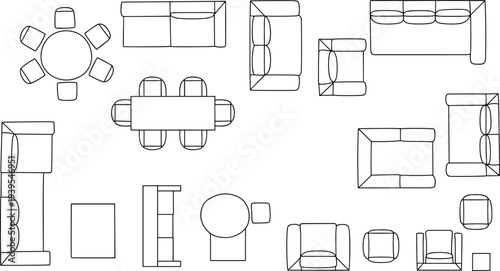 Flat vector furniture layout collection with sofas tables chairs shelving units