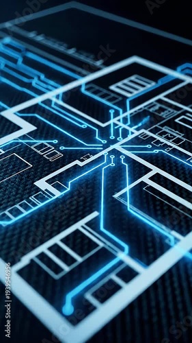 Futuristic architectural blueprint projection over a dark textured surface showcasing modern design concepts and digital innovation in construction and technology