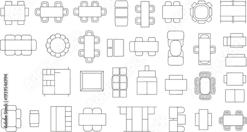 Flat vector furniture seating arrangement layouts with tables chairs couches design