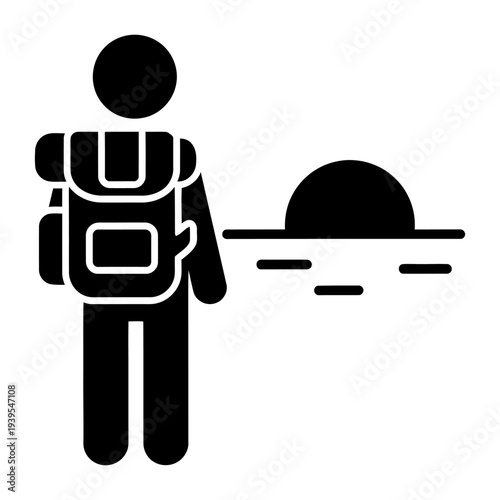 Hiker with Backpack Watching Sunset Icon Silhouette, Travel and Adventure Concept Graphic