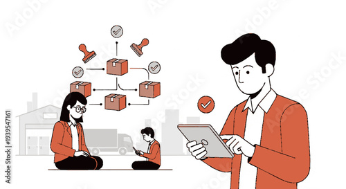 Business team collaborating remotely with logistics workflow and communication tools