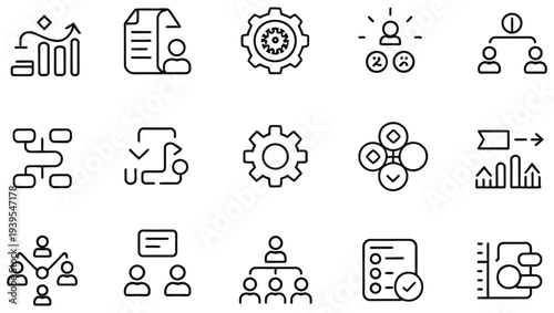 A collection of black and white line icons representing business data analysis and organizational structures