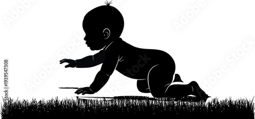 Baby crawling silhouette illustration, infant child learning to crawl on grass, toddler development stage vector icon design