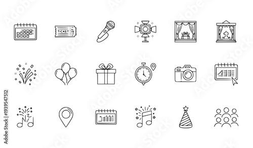 Event outline icon set with party calendar ticket and celebration symbols for infographic web design