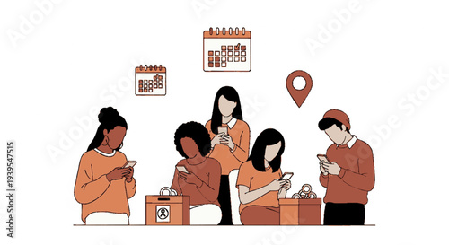 People using smartphones while sitting at table with food and calendars nearby