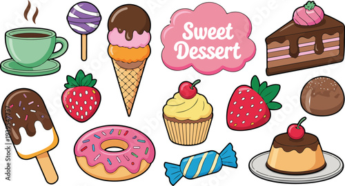 Sweet dessert set with ice cream donut cupcake chocolate cake and candy icons for pastry shop menu decoration