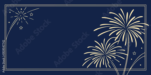 Celebration with gold fireworks on a navy blue background