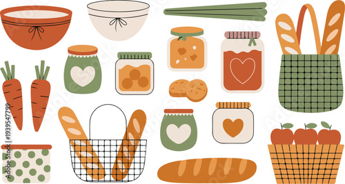 Kitchen pantry collection with homemade jam jars bread loaves baskets carrots and cookies in rustic style