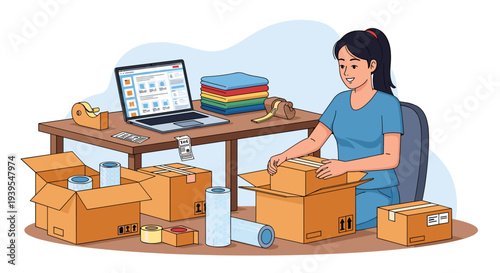 Woman packing boxes at desk.