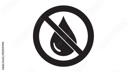 Water drop prohibition icon with bold black lines indicating no liquid or restriction symbol featuring ban, droplet, forbidden with sign and alert