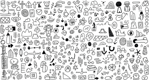 A complex black and white doodle artwork with various shapes and symbols