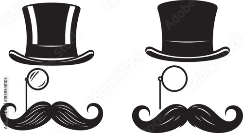 Vintage top hats and mustaches illustration in silhouette style