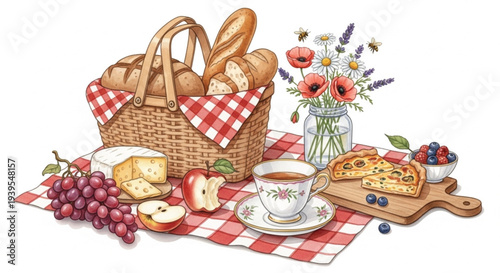Watercolor Cottagecore Lunch Picnic Illustration with Bread Basket, Cheese, Fruits and Tea