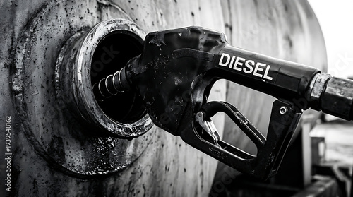 Close up of diesel fuel nozzle inserted into a metal tank for refueling industrial setting