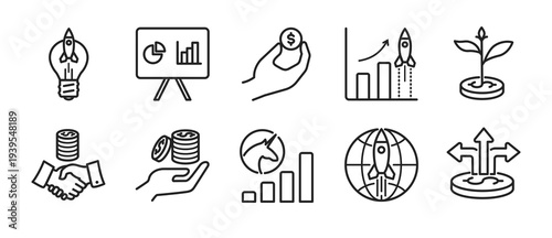 Startup Funding Investment Line Icons Set, Outline icon collection representing startup funding and investment concepts including business idea, pitch presentation, venture capital support, and growth