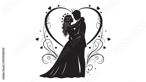Silhouette couple embracing against a decorative heart frame with swirling patterns and scattered hearts, symbolizing love and union.
