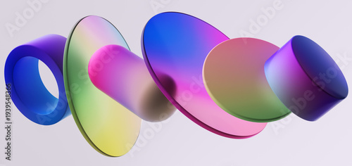 Fotografie Dynamic 3d rendering floating geometric shapes with rainbow holographic gradient