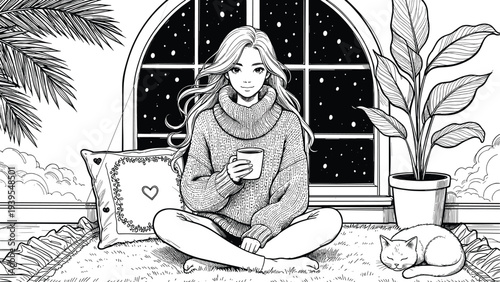 Cozy indoor winter scene with woman in oversized sweater holding mug, cat sleeping on rug, plants and starry night window creating peaceful relaxing atmosphere