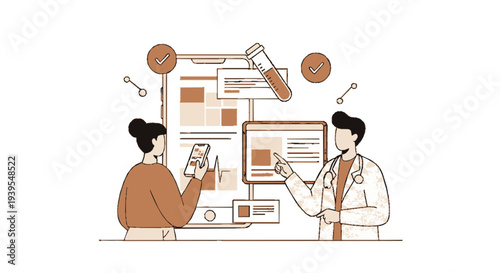 Two people analyzing data on a large computer screen with graphs and charts in a modern office setting with a white background