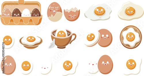 Set of cute happy kawaii eggs and fried eggs with smiling faces in various styles and poses