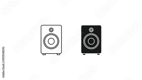 Speakers in minimalist line art style with monochrome color scheme on white and black background for audio equipment illustration