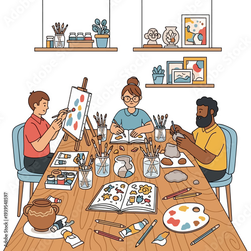 Diverse group enjoys art class, painting, drawing, and sculpting together at a wooden table.