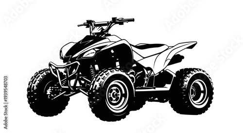 Black and white illustration of a powerful ATV quad bike on a white background