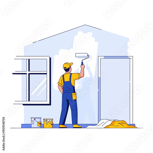 Painter in overalls painting a white wall with a roller, home renovation concept