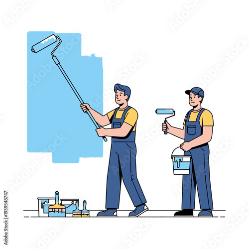 Painters painting wall blue with rollers, home renovation and interior design concept