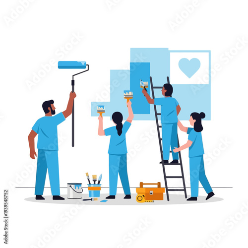 Team painting wall with blue color, healthcare concept, renovation and teamwork