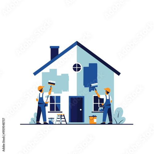 Painters painting house exterior blue and light blue, home renovation concept