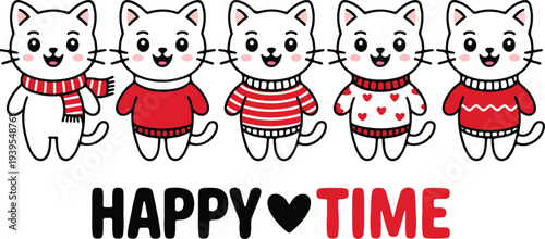 Happy time text with cute kawaii white cats wearing red and striped sweaters and scarf