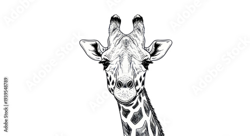 Giraffe Head Sketch, Black and White Line Art, Majestic African Wildlife Portrait
