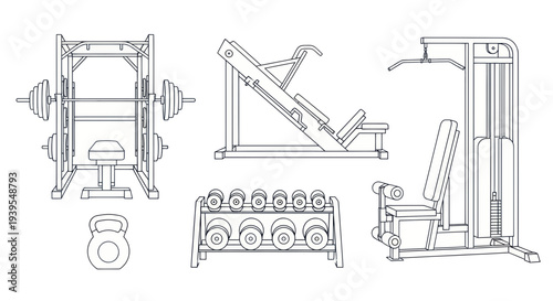 Gym Equipment Line Art Set: Dumbbells, Weight Machines, Barbell, Kettlebell