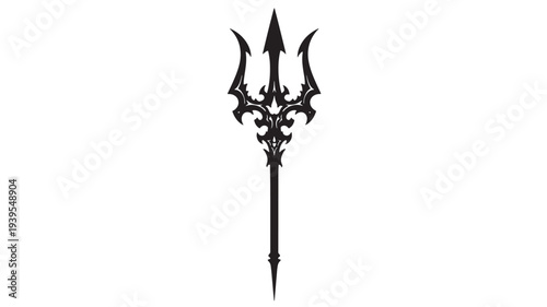 Trident ornate black symbol with sharp points, used for fantasy or mythological designs. featuring weapon, mythology, god with sea and Poseidon
