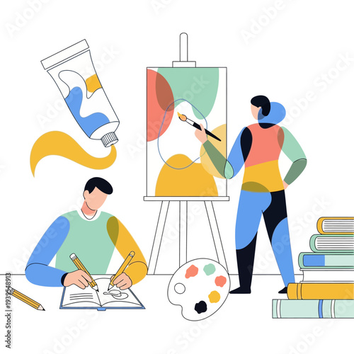 Artists painting and drawing, creative process, art studio, inspiration, learning art