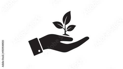 Plant sprout growing in an open cupped hand, symbolizing growth, care, and new beginnings in a simple black icon.