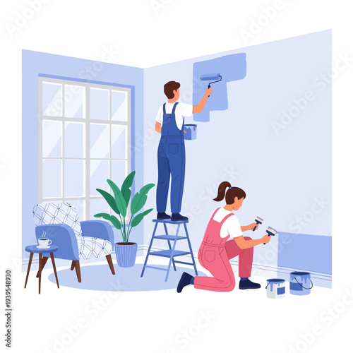 Couple painting room walls blue, home renovation, interior design, DIY home improvement