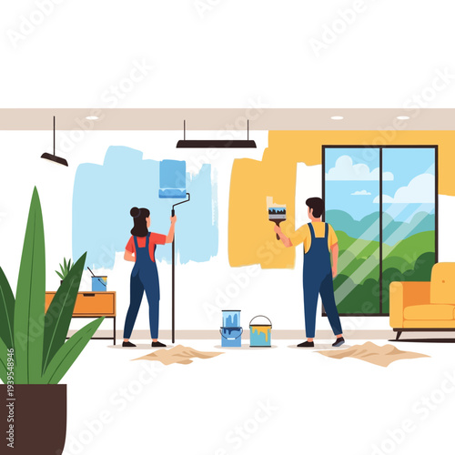 Couple painting room interior walls with blue and yellow colors, home renovation concept