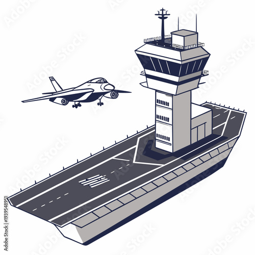 Illustration of a fighter jet taking off from an aircraft carrier with a control tower on the deck