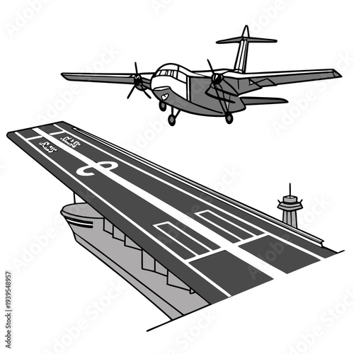 Black and white illustration of an airplane flying over a runway