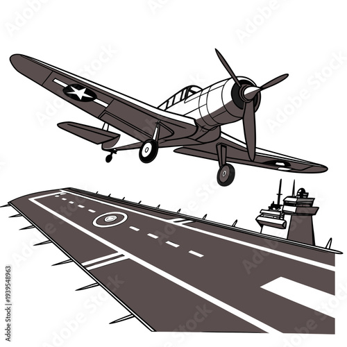 Vintage military airplane flying over aircraft carrier deck with propeller and cockpit