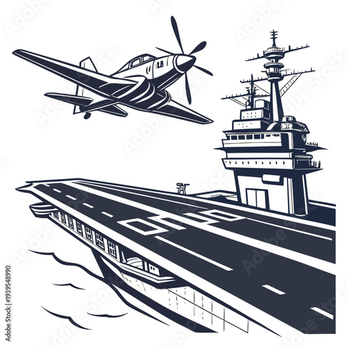 Military airplane taking off from aircraft carrier deck with propellers and radar towers