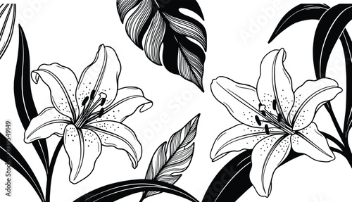 Elegant black and white botanical illustration featuring detailed lily flowers with tropical leaves and grass elements, perfect for coloring pages, decorative design, and floral artwork